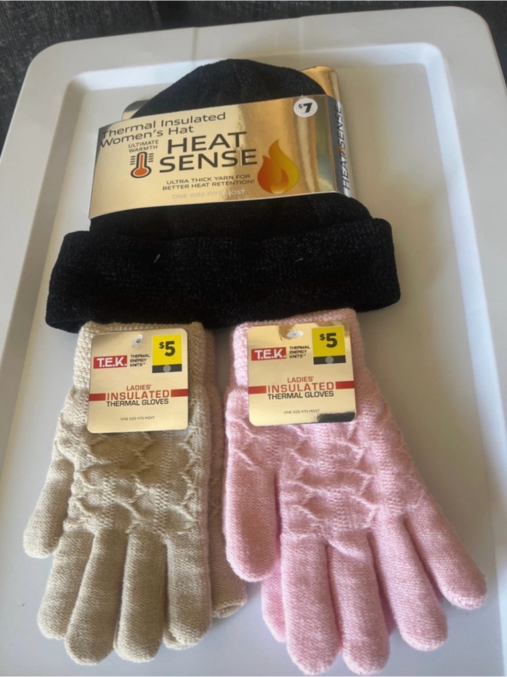 Women’s Heat Sense Black Thermal Beanie with Beige and Pink Insulated Gloves